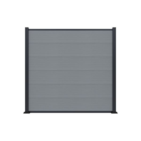 T&J MAX-XL WPC-Steckzaunset, 175 x 168 cm, coextrudiert, Farbe SMOKE WHITE, Abschlussleiste und Clips separat in silber oder anthrazit, 44635