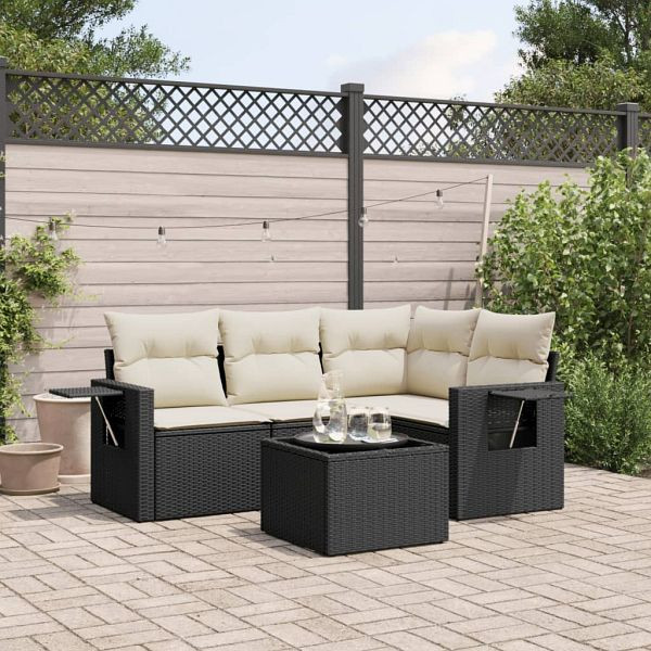 vidaXL 5-teilig Garten-Sofagarnitur mit Kissen Schwarz Poly Rattan, 3220115