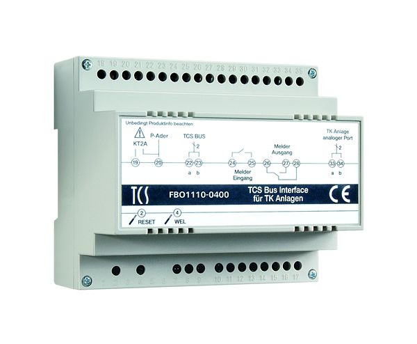 TCS Interface (TKI) für Anbindung an TK-Anlagen über analogen Port, bis zu 64 Rufziele (16-stellige Rufnummer), Hutschiene 6 TE, Version 2020, FBO1110-0400