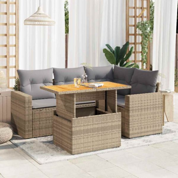 vidaXL 5-tlg. Garten-Sofagarnitur mit Kissen Beige Poly Rattan, 3327034