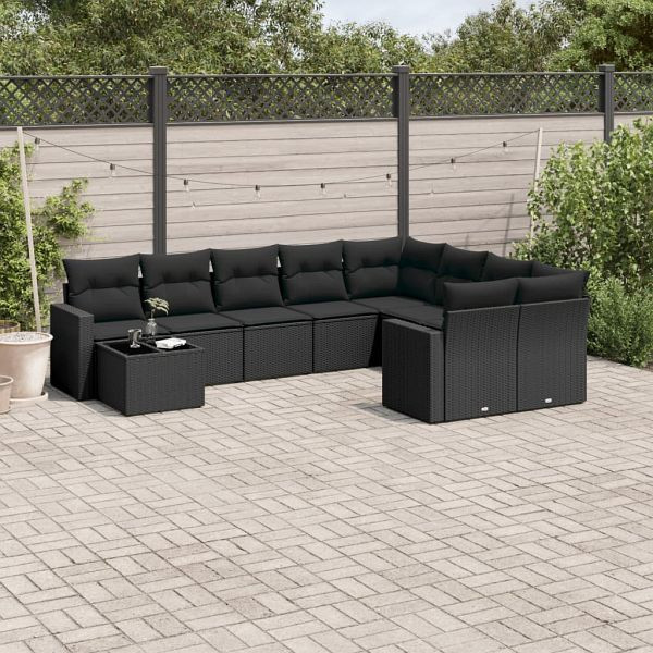 vidaXL 10-teilig Garten-Sofagarnitur mit Kissen Schwarz Poly Rattan, 3251792