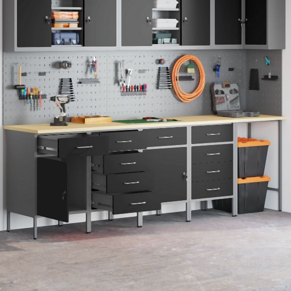 vidaXL 5-teiliges Werkbank- und Ecktisch-Set in Schwarz aus Holzwerkstoff, 3321394