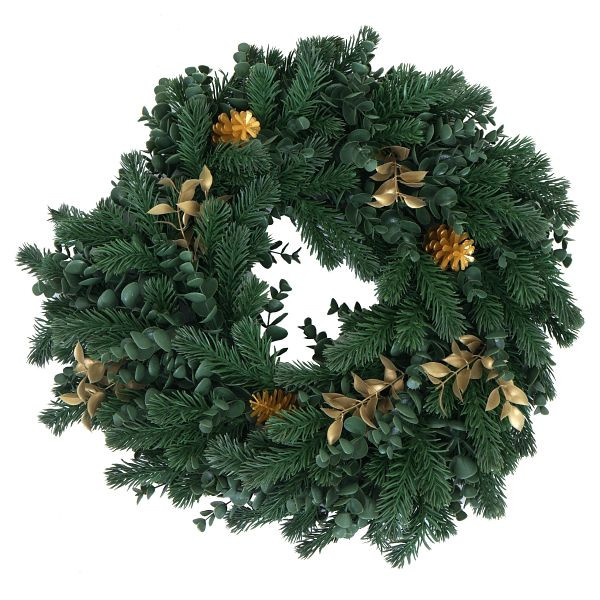 Mendler Künstlicher Kranz HWC-O98, Türkranz Tischkranz, Deko künstlich Ø 45cm, Tanne mit goldfarbenen Zapfen, 139599