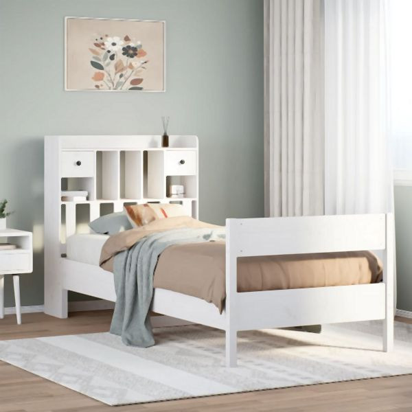 vidaXL Massivholzbett mit Regal ohne Matratze Weiß 90x200 cm Kiefer, 3323036