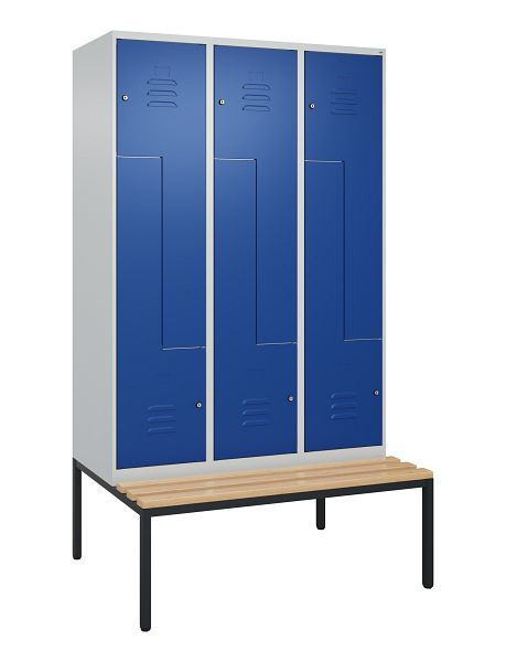 C+P Z-Spind Classic PLUS, mit untergebauter Sitzbank, 6 Abteile, 2120x1200x815mm, 7035/5010, Zylinderschlösser, Buche-Sitzleisten, 0800537-326 S10018