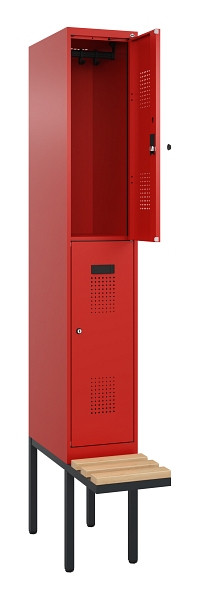 C+P Doppelstock-Spind Evolo PLUS, Bank, 2 Fächer, 2120x300x815mm, 3020/3020, Zylinderschloss, Sitzfläche Buche-Hartholz, 0493407-10 S10052