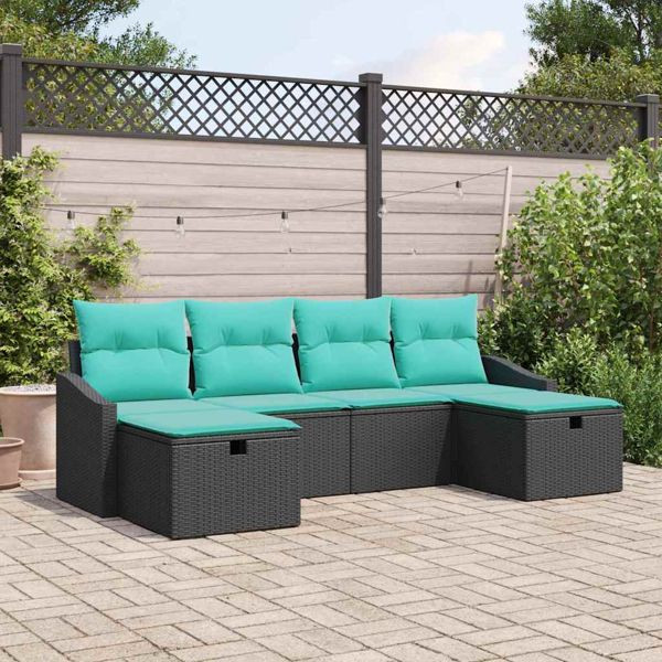 vidaXL Garten-Sofa-Set mit Kissen 6-teilig Schwarz Poly Rattan, 3359325