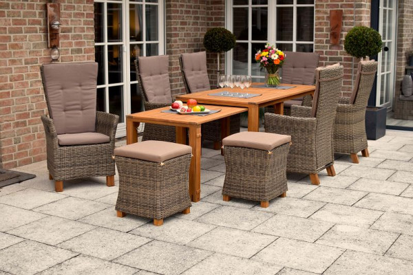 Merxx Toskana Set 9-teilig, 2 Toskana Sessel, 4 Toskana Sessel, 2 Hocker mit Auflage, 1 Flex Ausziehtisch, 185/362,5 x 90/73,5 x 76/ 70 cm, 50602-211