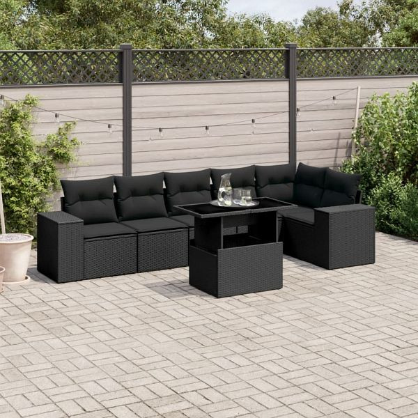 vidaXL 7-teilig Garten-Sofagarnitur mit Kissen Schwarz Poly Rattan, 3269175
