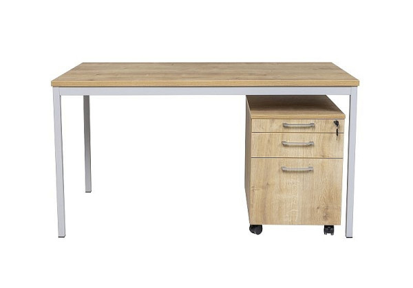 Mades Schreibtisch und Holz Rollcontainer, 3 Schübe, Saphir Eiche, 140X80X75 cm, MAK10786423