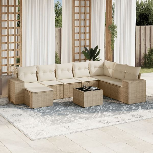 vidaXL 9-teilig Garten-Sofagarnitur mit Kissen Beige Poly Rattan, 3222967