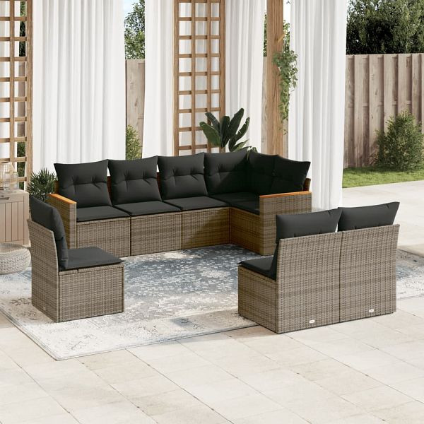 vidaXL 8-teilig Garten-Sofagarnitur mit Kissen Grau Poly Rattan, 3226046