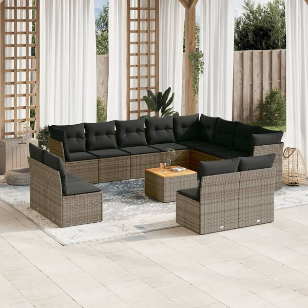 vidaXL 13-teilig Garten-Sofagarnitur mit Kissen Grau Poly Rattan, 3223932