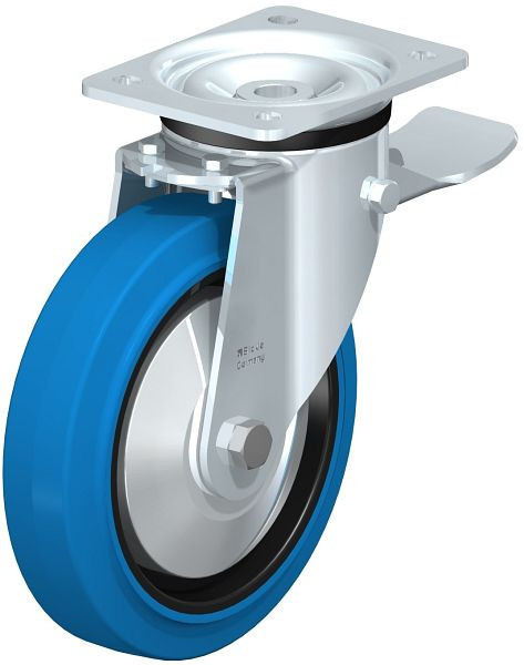 Blickle LK-POEV 200KD-ST-SB-FA Stahlblech-Lenkrolle, schwere Ausführung, mit Anschraubplatte & Feststeller, Elastik-Vollgummi, Blau, 851314