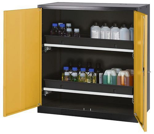 asecos Chemikalienschrank Systema-T CS-102, Korpus anthrazit, Flügeltüren gelb, 2 Tablarauszüge, 208654