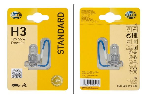 HELLA Halogen-Glühlampe, H3, Standard, 12V, 55W, Sockelausführung Glühlampe: PK22s, Blister, 8GH 223 498-428