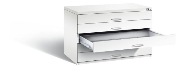 C+P Flachablageschrank Serie 7100_7200, H760xB1100xT765mm, Farbe: Verkehrsweiß, Bügelgriff, 7101-100 S10259