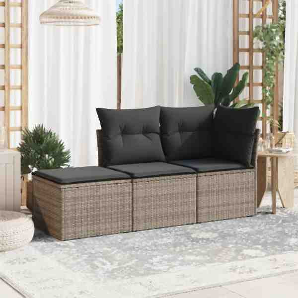 vidaXL 3-tlg. Garten-Sofagarnitur mit Kissen Grau Poly Rattan, UV-beständig, 3249309