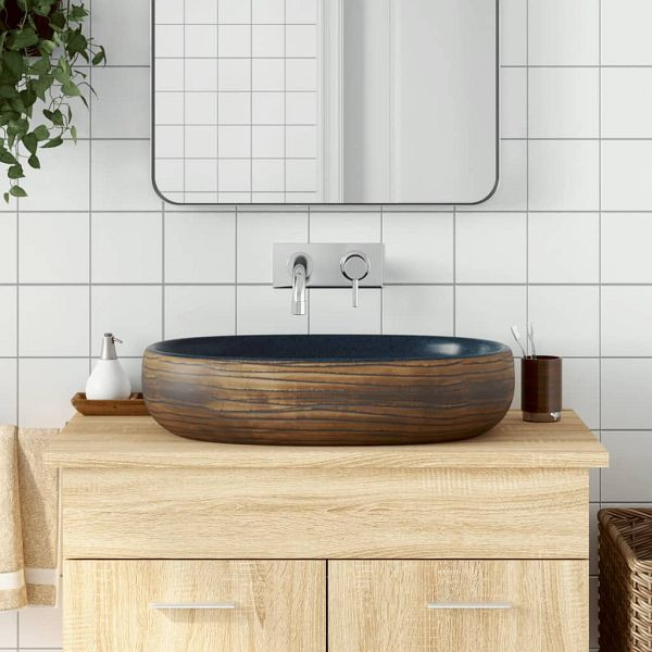 vidaXL Aufsatzwaschbecken Braun und Blau Oval 59x40x14 cm Keramik, 155100