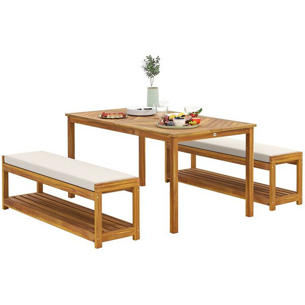 Outsunny 3 tlg. Gartenmöbel-Set, Sitzgarnitur inkl. 1 Esstisch mit Schirmloch, 2 Bänke 150 x 85 x 75 cm Teak, 84G-522V90TK