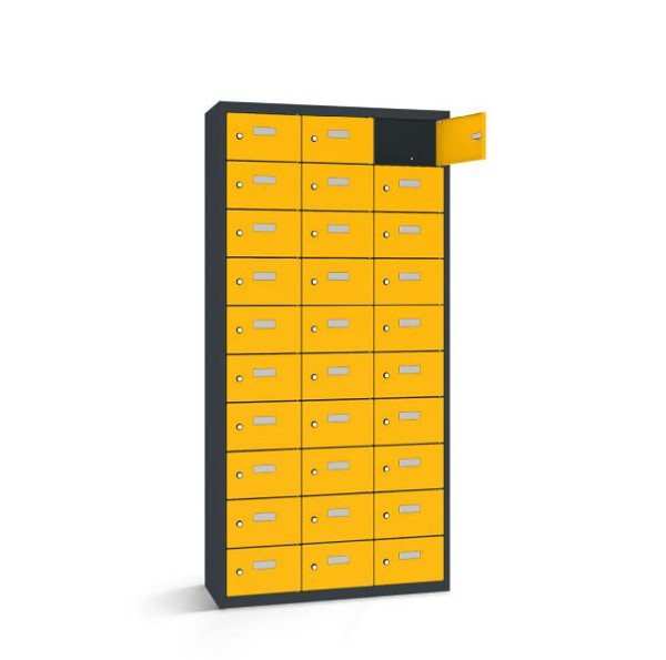 Rotstahl Wertfachschrank, 30 Fächer, Tür einwandig, kurzer Sockel, Korpus: anthrazitgrau, Türen: verkehrsgelb, 2161-031003-1181112-7016-1023