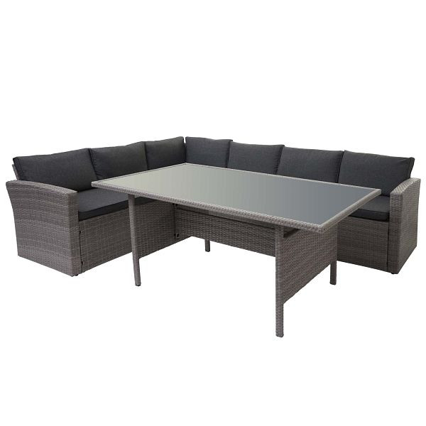 Mendler Poly-Rattan-Garnitur HWC-A29, Gartengarnitur Sitzgruppe Lounge-Esstisch-Set Sofa, grau, Kissen grau, 76636+76637