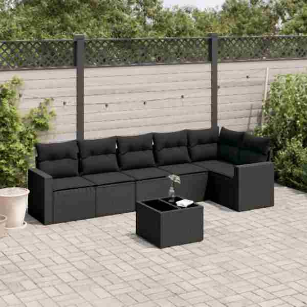 vidaXL 7-tlg. Garten-Sofagarnitur mit Kissen Schwarz Poly Rattan, UV-beständig, 3218985
