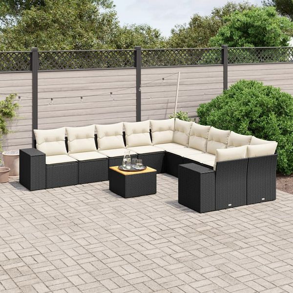 vidaXL 11-tlg. Garten-Sofagarnitur mit Kissen Schwarz Poly Rattan, 3225636