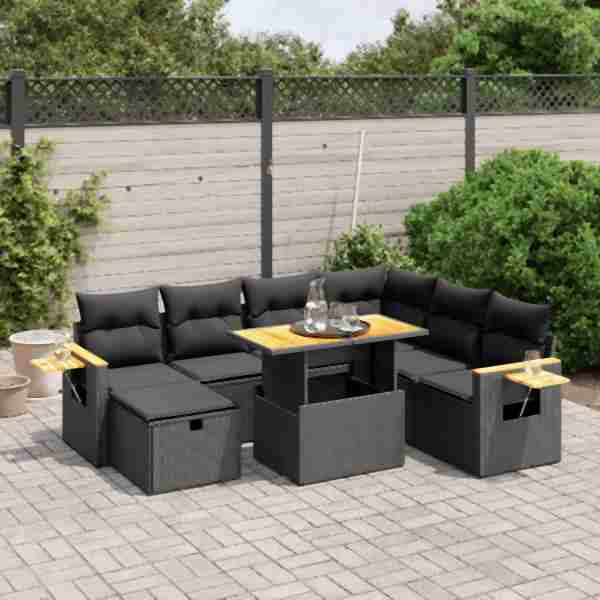 vidaXL 8-tlg. Garten-Sofagarnitur mit Kissen Schwarz Poly Rattan, UV-beständig, 3276156