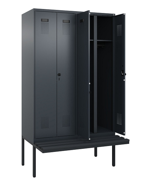 C+P Schwarz-Weiß-Spind Evolo PLUS, Bank, 4 Abteile, 2120x1200x815mm, 7016/7016, Drehriegel, Material Sitzfläche Kunststoff, 0490427-40 S10070