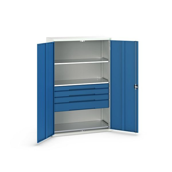 bott verso Flügeltürschrank mit Schubladen, mit 3 Fachböden und 4 Schubladen, BxTxH: 1300 x 550 x 2000 mm, Lichtgrau / Enzianblau, 16926656.11