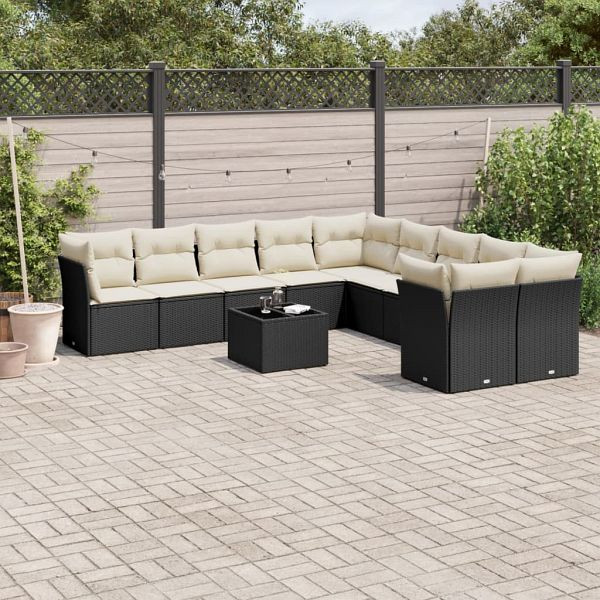 vidaXL 11-teilig Garten-Sofagarnitur mit Kissen Schwarz Poly Rattan, 3218246