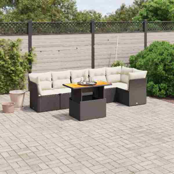 vidaXL 7-tlg. Garten-Sofagarnitur mit Kissen Schwarz Poly Rattan, UV-beständig, 3270839