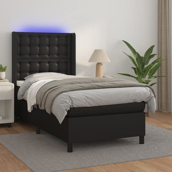 vidaXL Boxspringbett mit Matratze & LED Schwarz 100x200 cm Kunstleder, 3139367