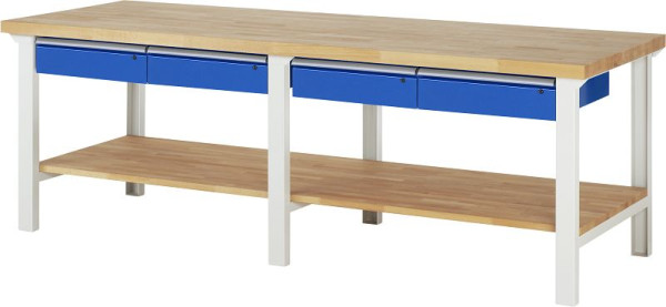 RAU Werkbank Serie 7000 - Baukasten-Bauweise, 4 Unterbau-Schubladen, Buche-Massiv-Ablageboden, 2500x840x900 mm, 03-7002A7-259B4S.11