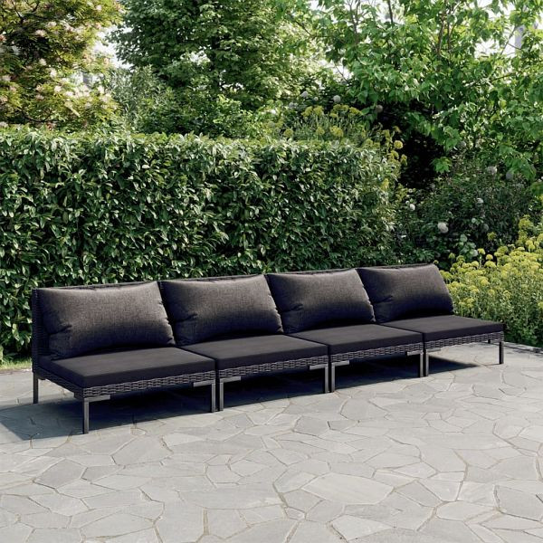 vidaXL 4-teilig Garten-Lounge-Set mit Kissen Poly Rattan Dunkelgrau, 3099814