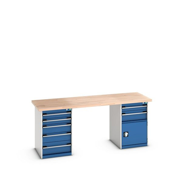 bott cubio Werkbank mit 2 Schubladenschränken 7 Schubladen, 1 Tür, Rotbuche-Platte, BxTxH: 2000x750x840mm, Rotbuche RAL 7035/5010, 41003242.11V