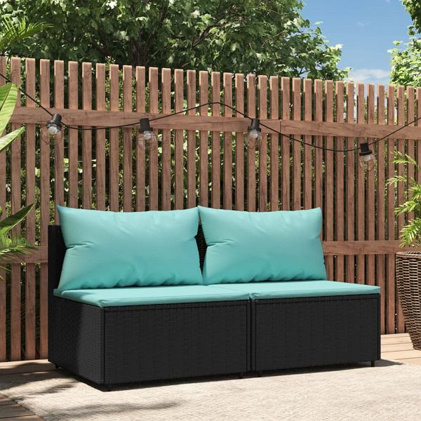 vidaXL Garten-Mittelsofas mit Kissen 2 Stück Schwarz Poly Rattan, 319802