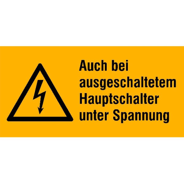 Stein HGS Elektrokennzeichnung/Warnkombischild, Auch bei ausgeschaltetem Hauptschalter unter Spannung, 52 x 26 mm / 9er-Bogen, 30.1314
