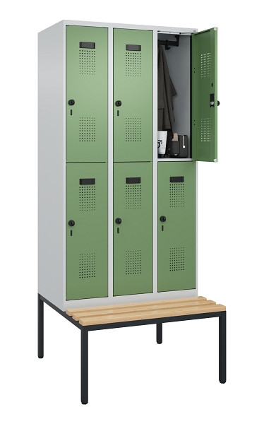 C+P Doppelstock-Spind Evolo PLUS, Bank, 6 Fächer, 2120x900x815mm, 7035/6011, Drehriegel, Sitzfläche Buche-Hartholz, Sitzbank, 0493507-30 S10010