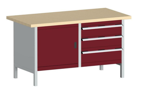bott cubio Kastenwerkbank mit 3 Schubladen Tür, Ablage, Multiplex-Arbeitsplatte BxTxH: 1500 x 750 x 840 mm, RAL 7035/3004, 41002025.24V