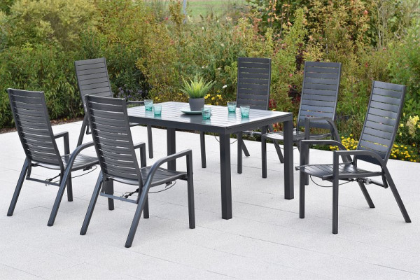 Merxx Siros Set 7-teilig, 6 Siros Sessel, verstellbar durch Gasdruckfeder, 1 Ausziehtisch, 150 (200) x 90 cm, 50960-217