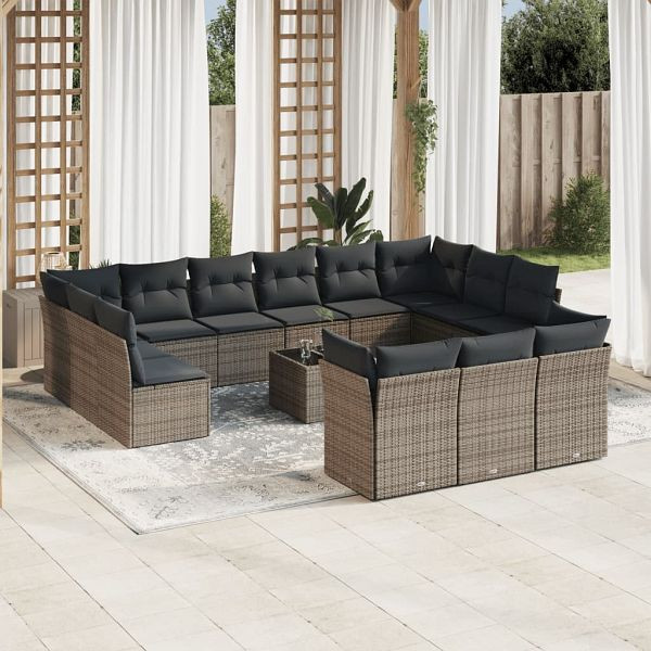 vidaXL 14-teilig Garten-Sofagarnitur mit Kissen Grau Poly Rattan, 3218460