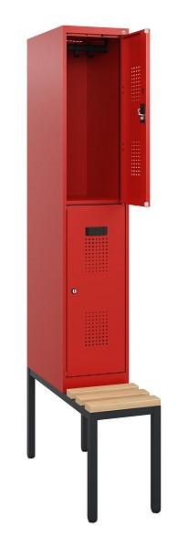 C+P Doppelstöckiger Spind Evolo PLUS, Bank, 2 Fächer, 1950x300x815mm, 3020/3020, Zylinderschloss, Sitzfläche Buche-Hartholz, Sitzbank, 0493505-10 S10075