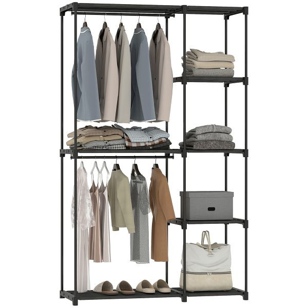 HOMCOM Stoffschrank Kleiderschrank mit Kleiderstange, Ablagen, für Schlafzimmer, Ankleidezimmer, 111 x 43 x 185 cm, Schwarz, 850-361V00BK