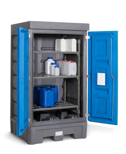 DENIOS PolySafe Gefahrstoffdepot D1, mit Türen und Kunststoffregal für Kleingebinde, 271831
