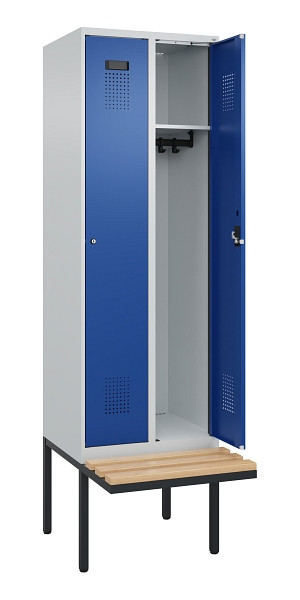 C+P Spind Evolo PLUS, 2 Abteil, 2120x600x815mm, 7035/5010, Zylinderschloss, Sitzfläche Holz, 0490407-20 S10033