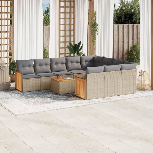 vidaXL 11-teilig Garten-Sofagarnitur mit Kissen Beige Poly Rattan, 3228026
