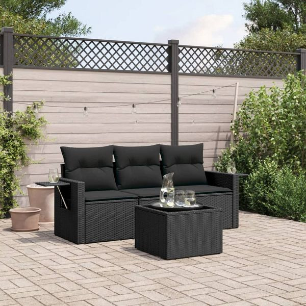 vidaXL 4-teilig Garten-Sofagarnitur mit Kissen Schwarz Poly Rattan, 3252202