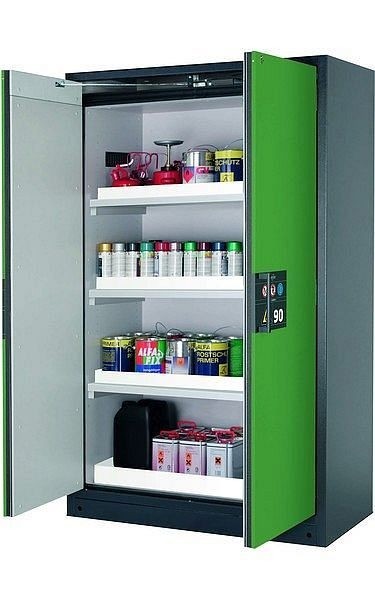 asecos Sicherheitsschrank Q-PEGASUS-90, Q90.195.120.WDAC in resedagrün RAL 6011 mit 3x Wannenboden Standard (Polypropylen), 30002-048-30013